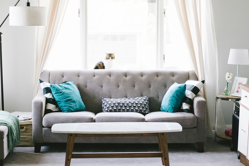 Grey Couch With Green Accented Cushions 