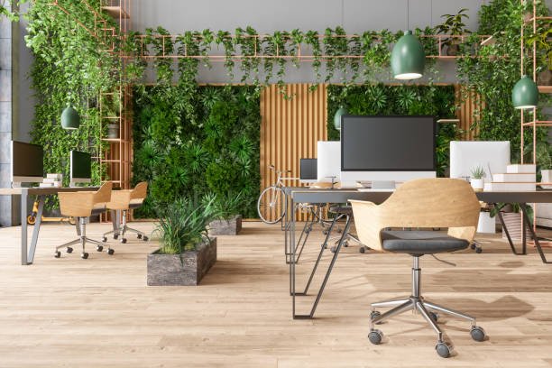 Office with greenery on the walls and lots of plants