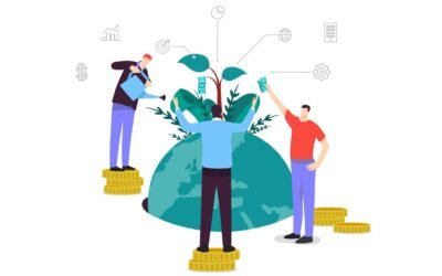 Illustration of people standing on a pile of coins while watering a plant growing out of a globe