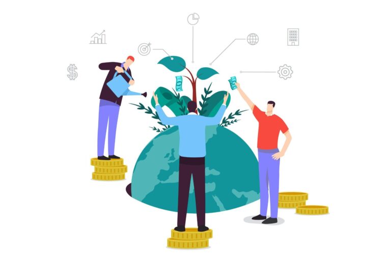 Illustration of people standing on a pile of coins while watering a plant growing out of a globe