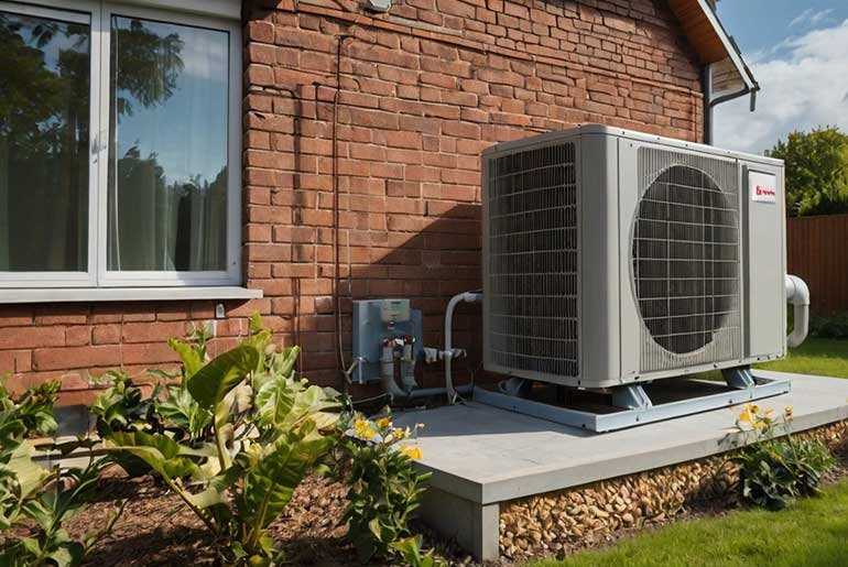 A heat pump sitting against a wall in a garden