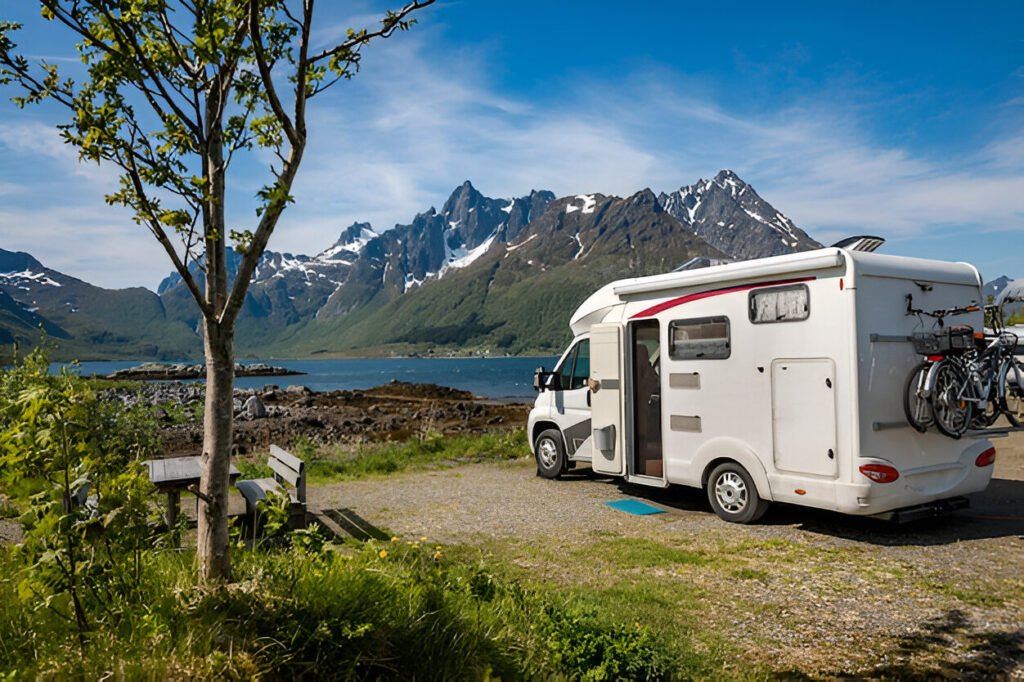 A rv parked on a gravel road next to a lake