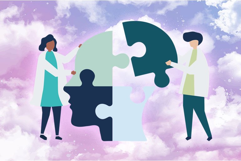 An illustration of people putting together a jigsaw in the shape of a head standing in front of a pink sky