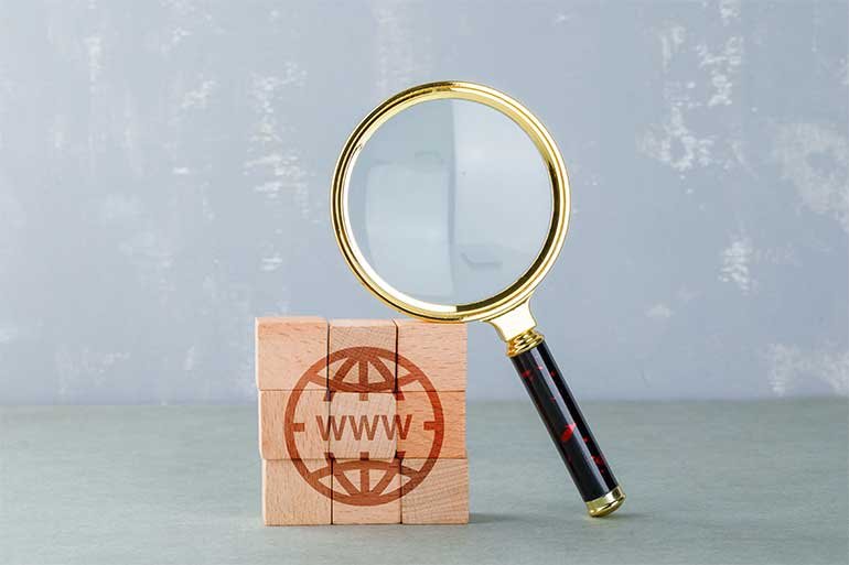 Wooden blocks showing an icon of a globe with the letters WWW in the centre of it next to a magnifying glass