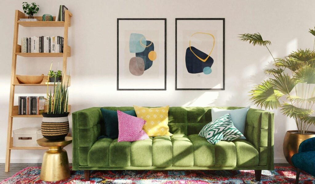 A bright green sofa with colourful cushions a striking prints on the wall