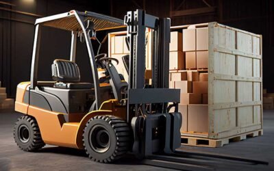 A forklift next to a wooden cargo container filled with cardboard boxes